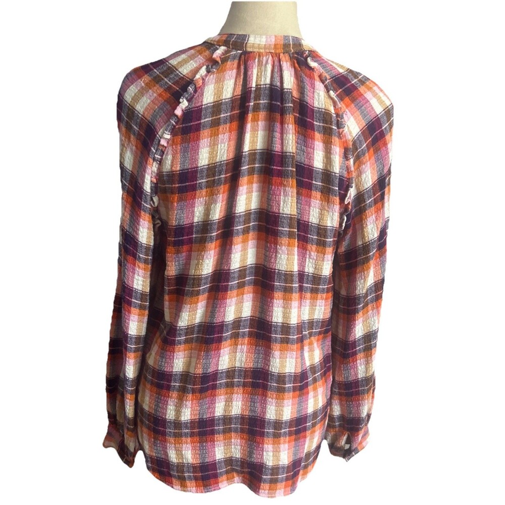 Anthropologie Pilcro Sz S Breezy Button Down Blouse Ruffle Plaid Boho Cottage - Picture 8 of 12